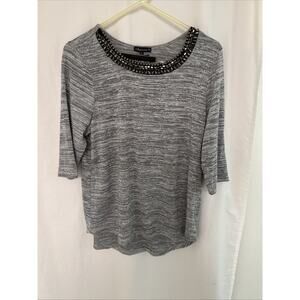 CHANCHES R Women's Medium Boat Neck, Gray Silver Metallic Geometric Blouse NWT